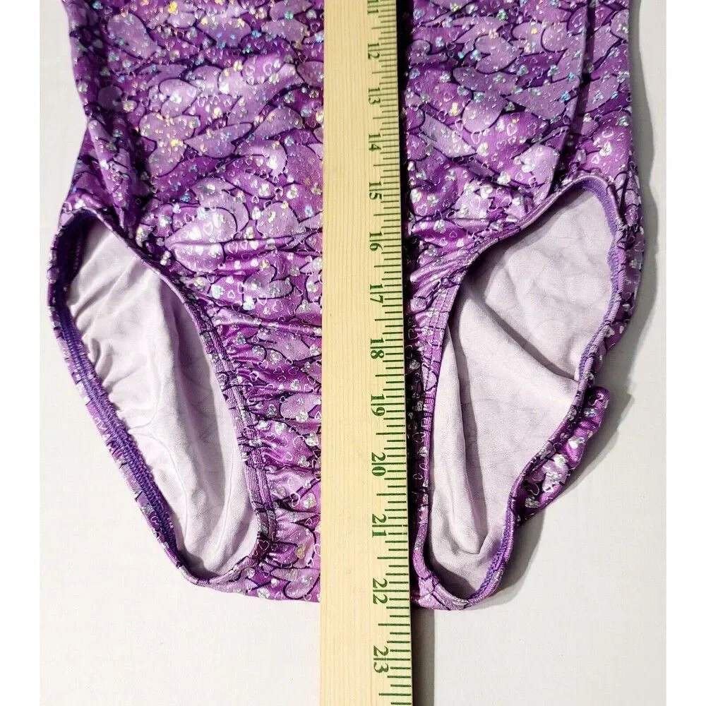 GK Elite Gymnastics Dance Racerback Keyhole Leotard Foil Hearts Purple Adult L